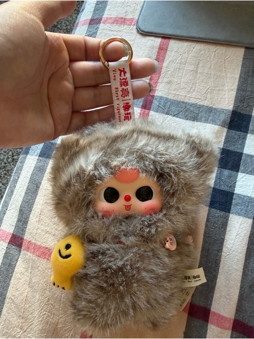 Plush Small Pet Keychain - Faux Fur Gray with Cute Face